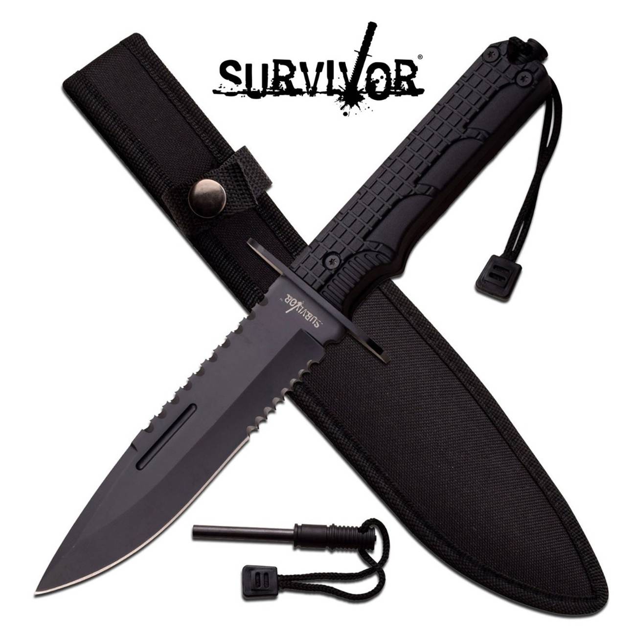 Survivor Sheath Knife med Firestarter Black GameOn.no